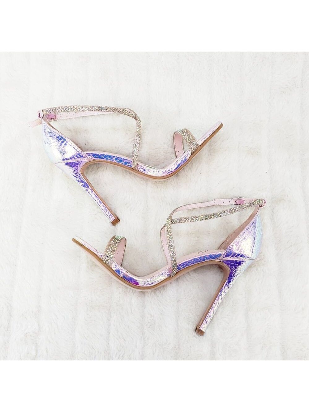 Lisa Sexy Pink Hologram Rhinestone Cross Strap High Heel Sandals